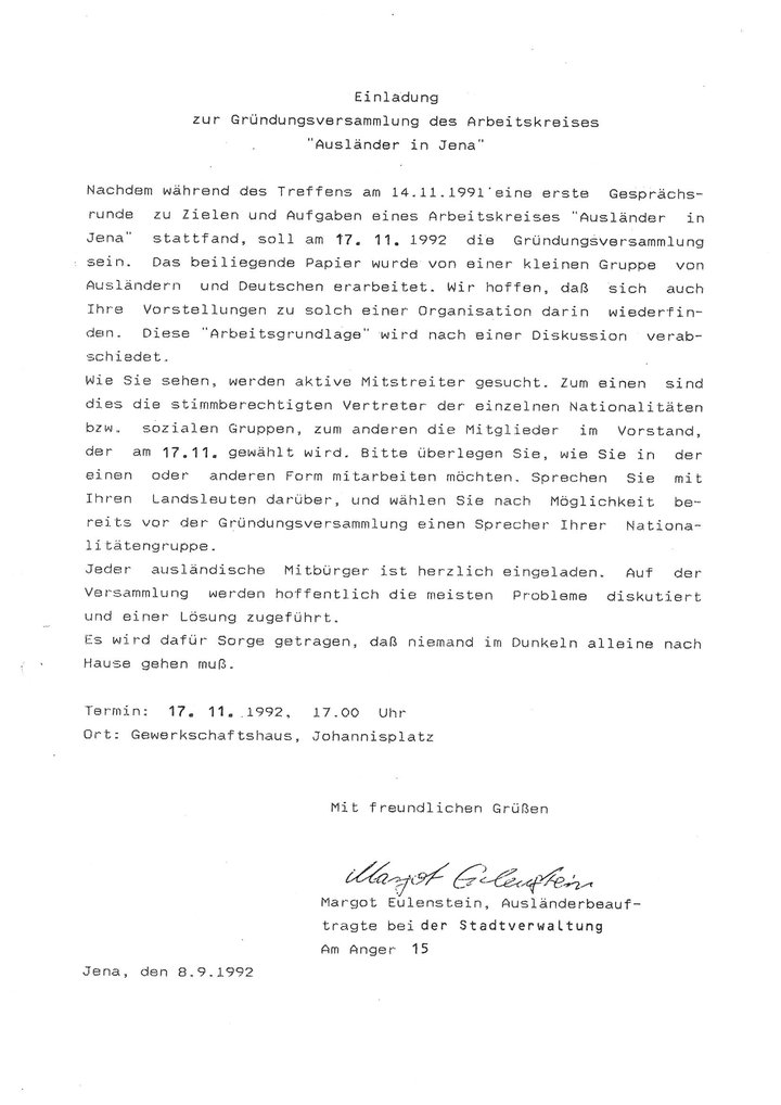 Einladung zur Gründungsversammlung des Arbeitskreises „Ausländer in Jena“, 8. September 1992, Stadtarchiv Jena, Sammlung: Margot Eulenstein
