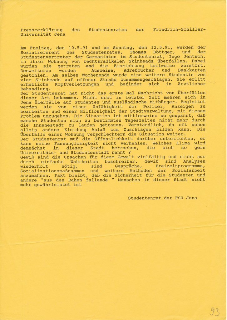 Presseerklärung des Studentenrates der FSU Jena, Mai 1991, ThürAZ, Bestand Tilo Schieck, Sg.: P-ST-K-02.03.